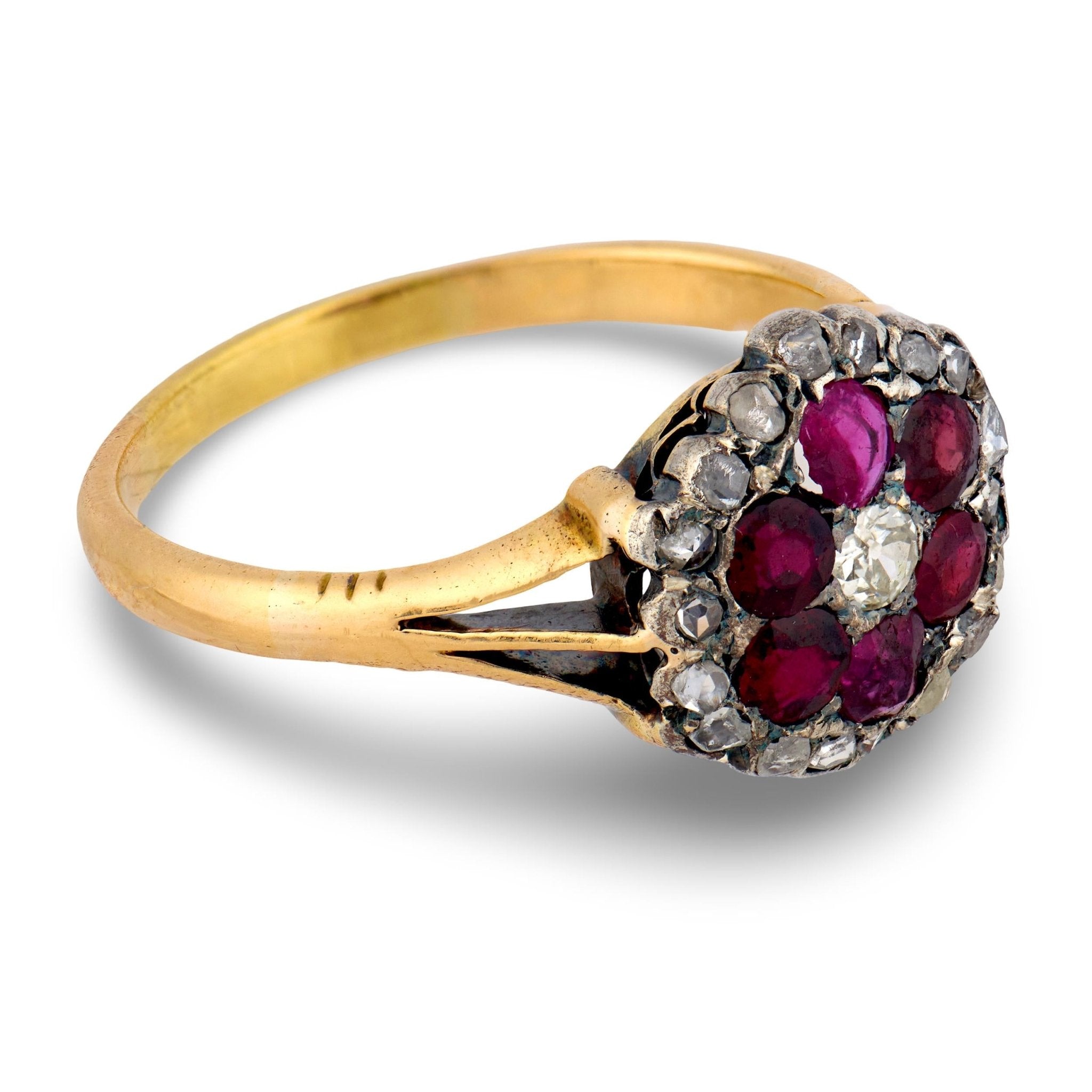 Victorian ruby diamond cluster 18k yellow gold silver ring