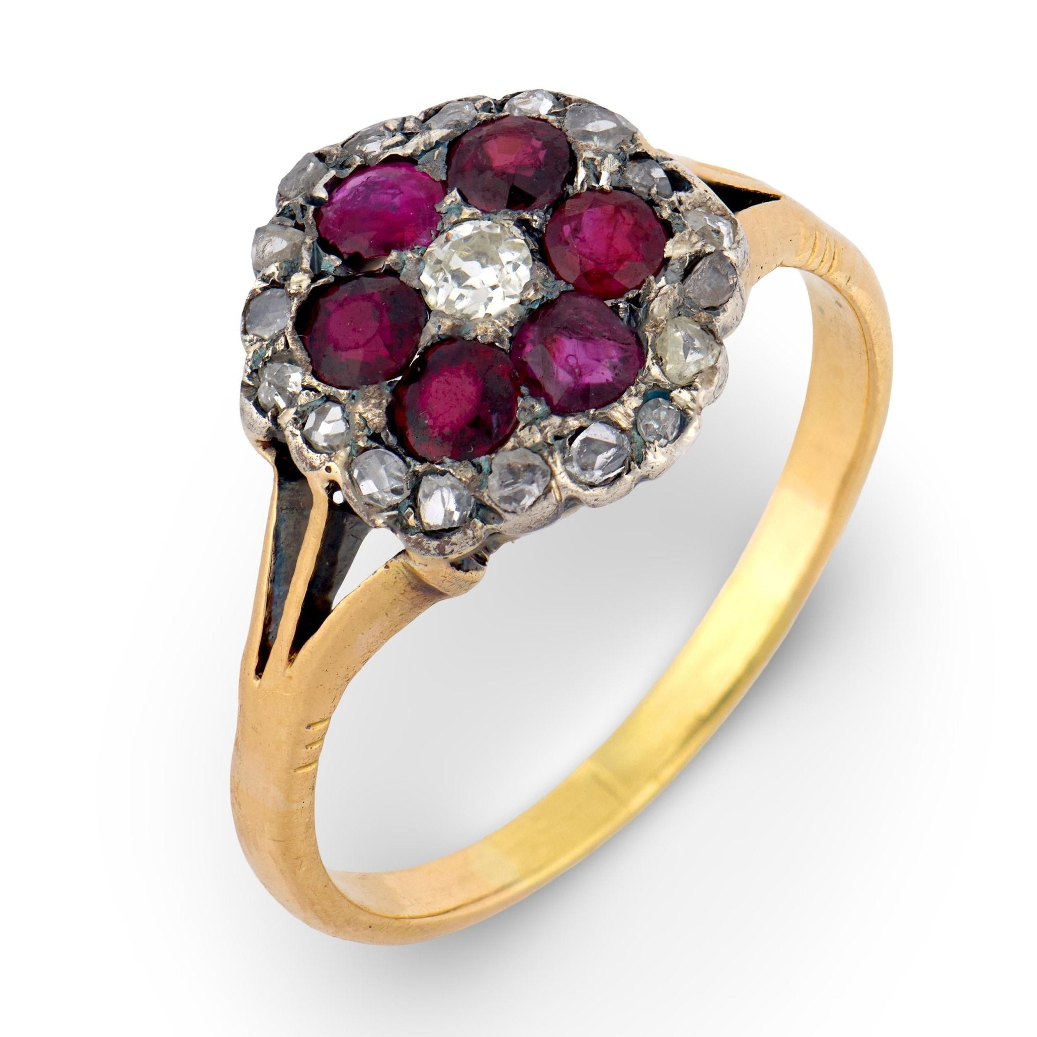 Victorian ruby diamond cluster 18k yellow gold silver ring