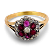 Victorian ruby diamond cluster 18k yellow gold silver ring
