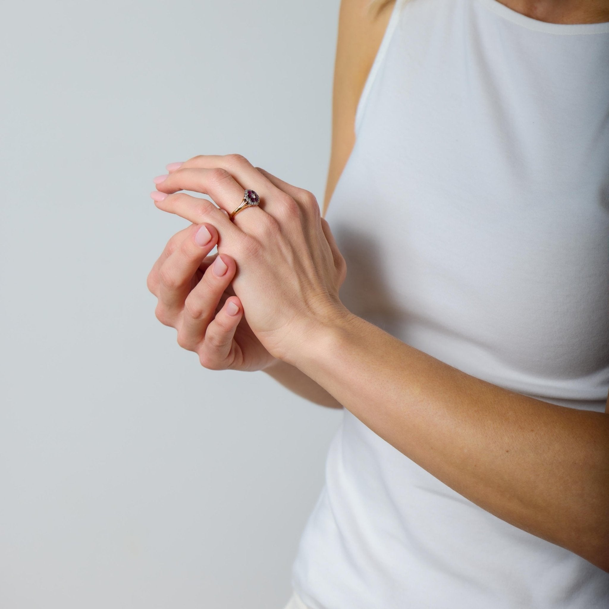 Victorian ruby diamond cluster 18k yellow gold silver ring