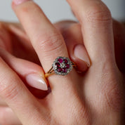 Victorian ruby diamond cluster 18k yellow gold silver ring