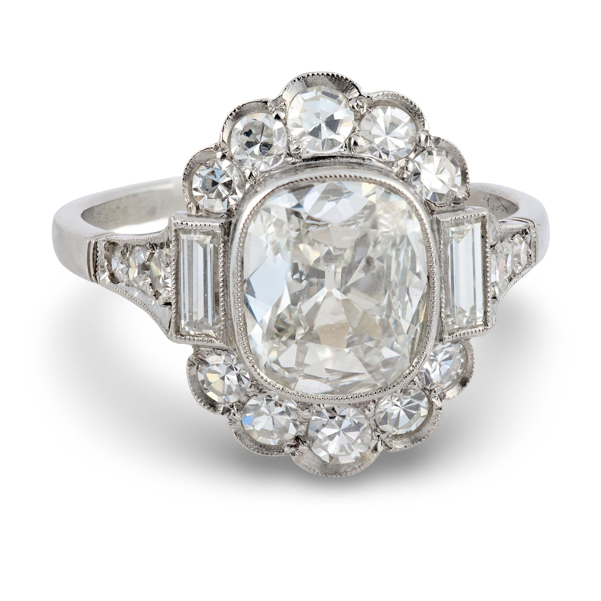 Art Deco style 1.51 carat GIA cushion cut diamond platinum engagement ring