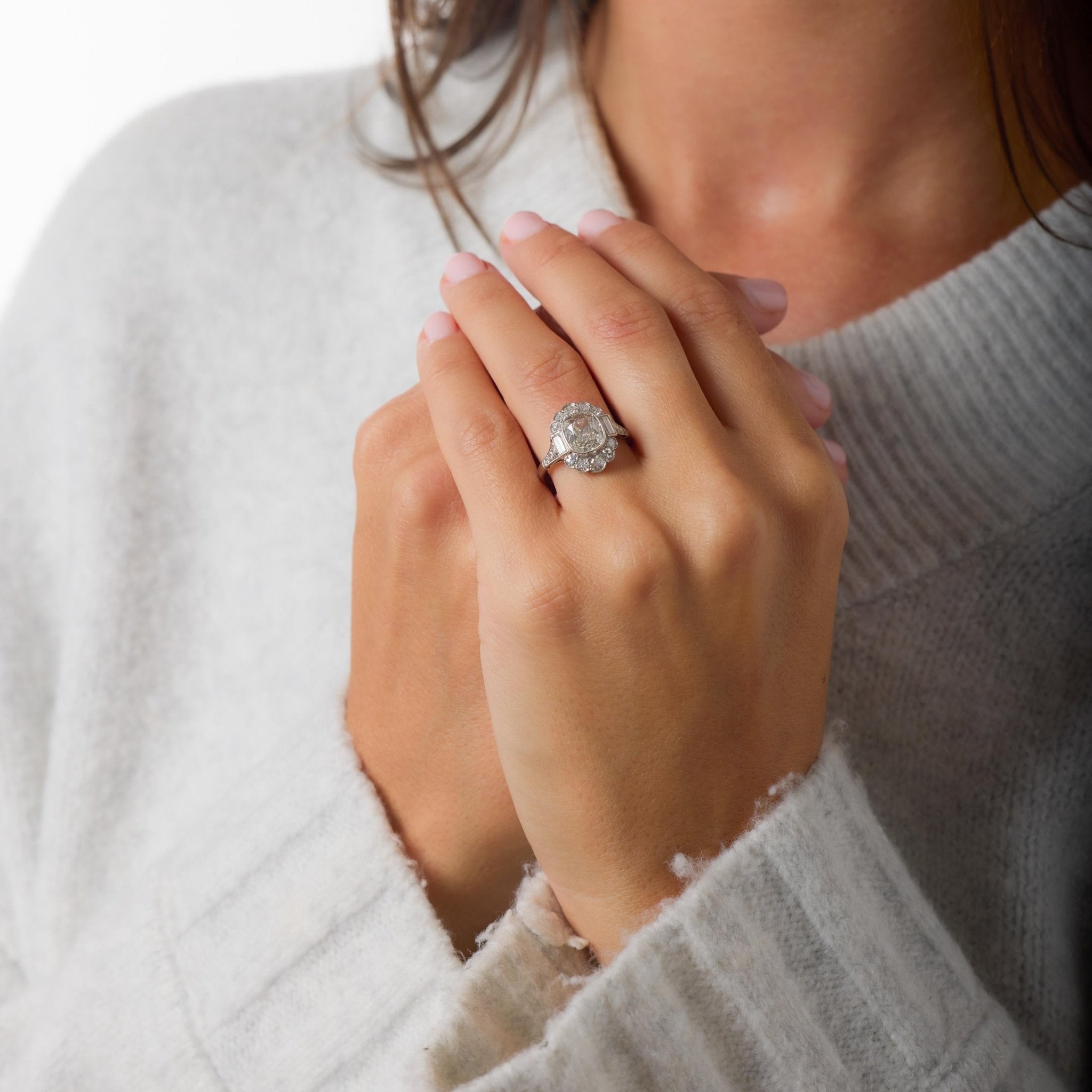 Art Deco style 1.51 carat GIA cushion cut diamond platinum engagement ring