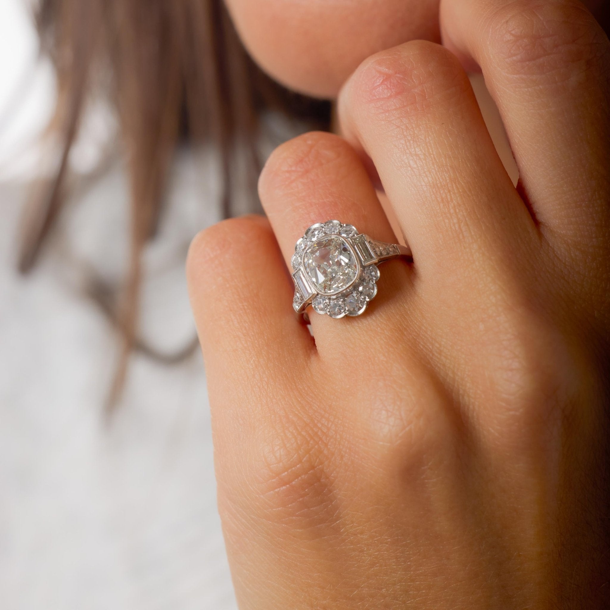 Art Deco style 1.51 carat GIA cushion cut diamond platinum engagement ring