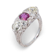 Art Deco ruby diamond platinum 3 stone filigree ring