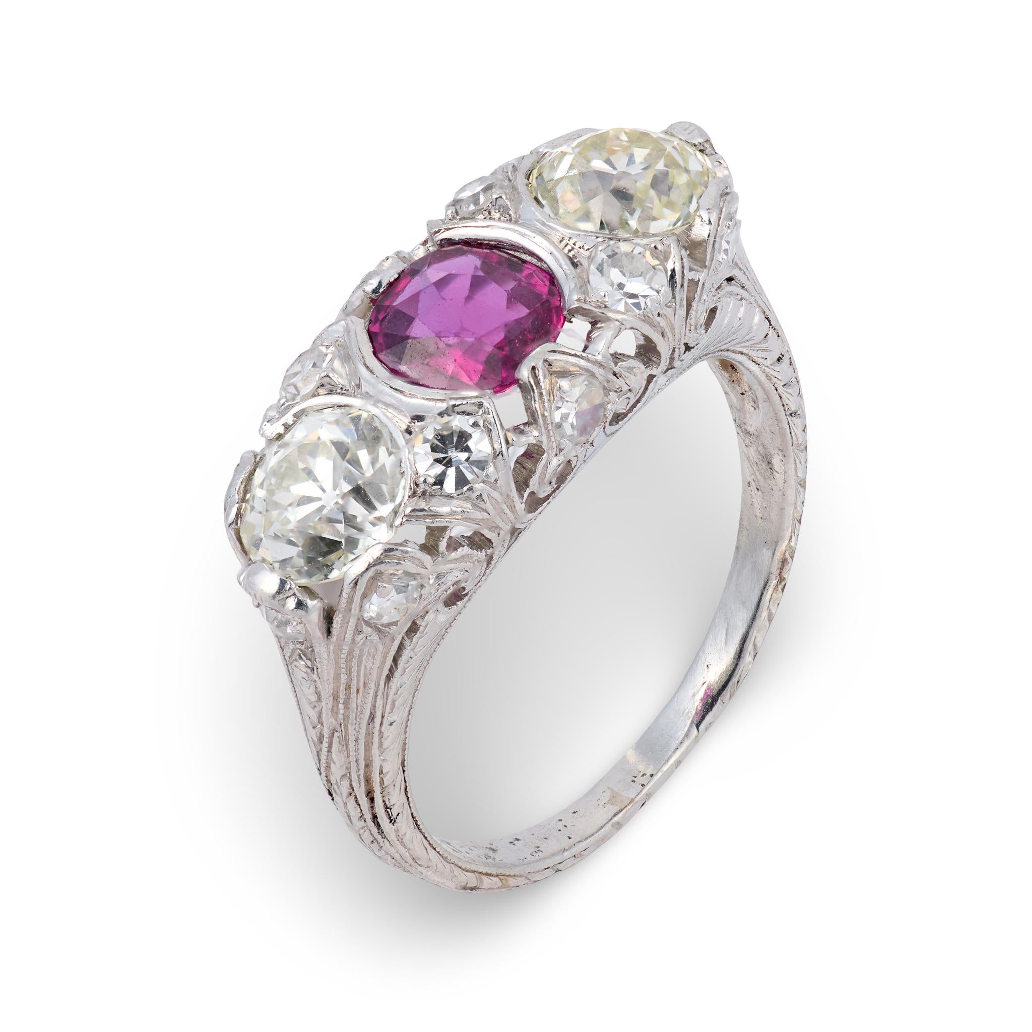 Art Deco ruby diamond platinum 3 stone filigree ring