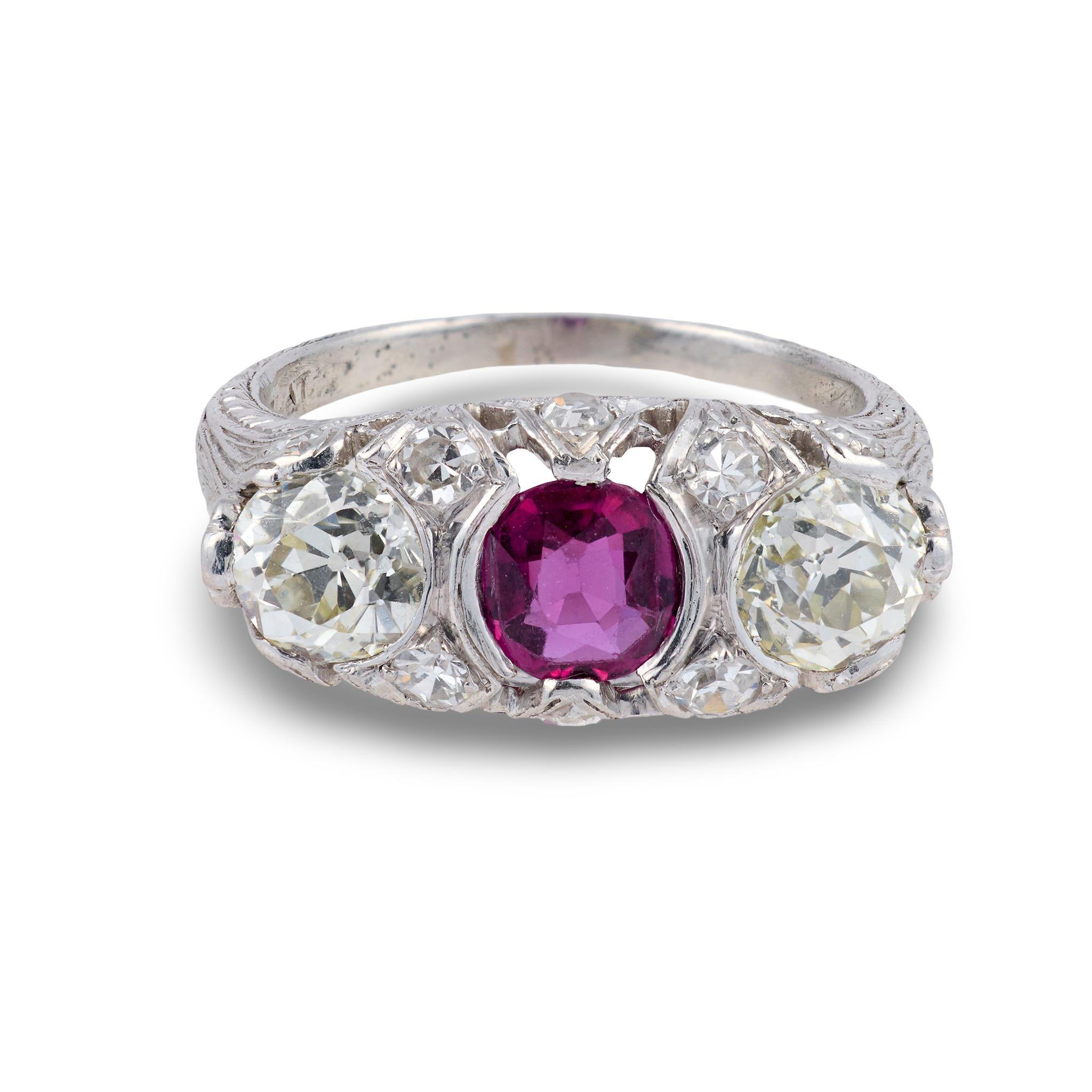 Art Deco ruby diamond platinum 3 stone filigree ring