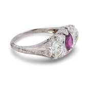 Art Deco ruby diamond platinum 3 stone filigree ring