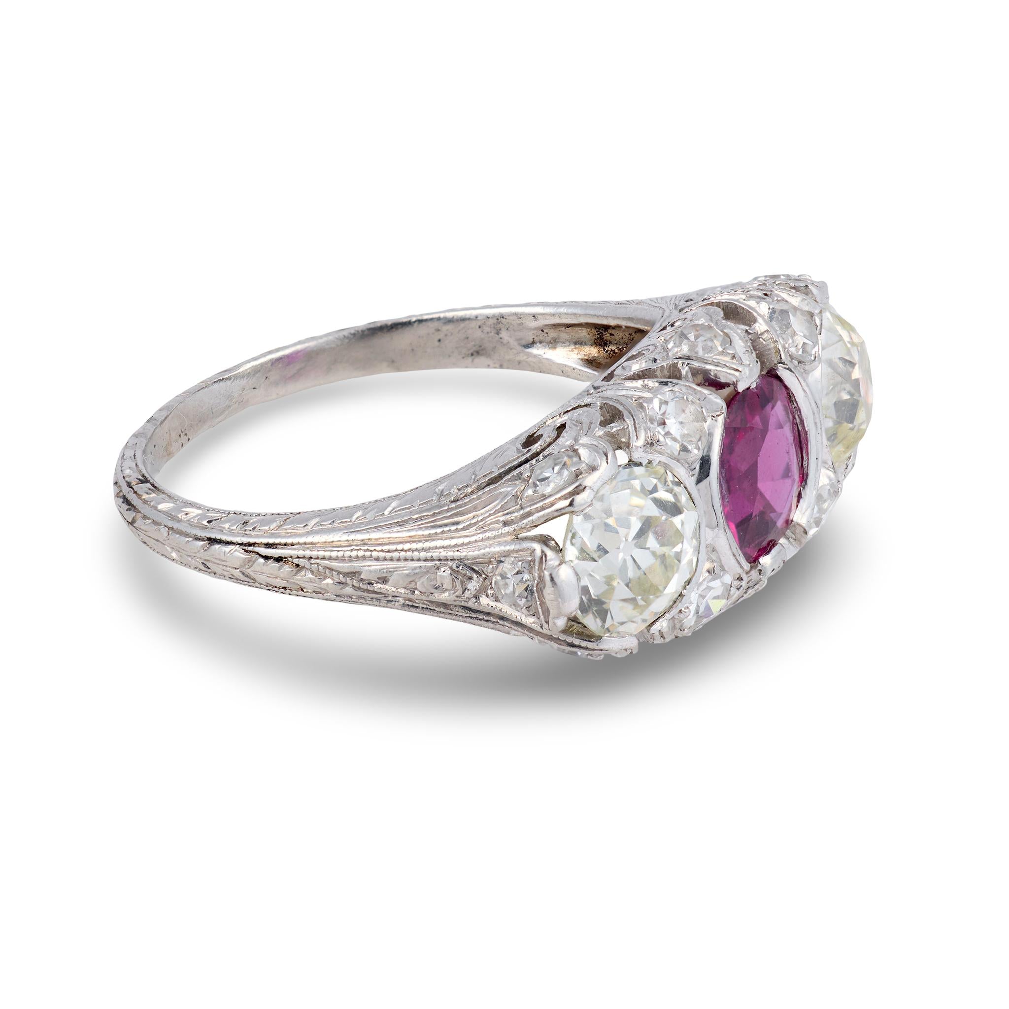 Art Deco ruby diamond platinum 3 stone filigree ring