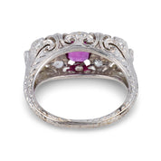Art Deco ruby diamond platinum 3 stone filigree ring