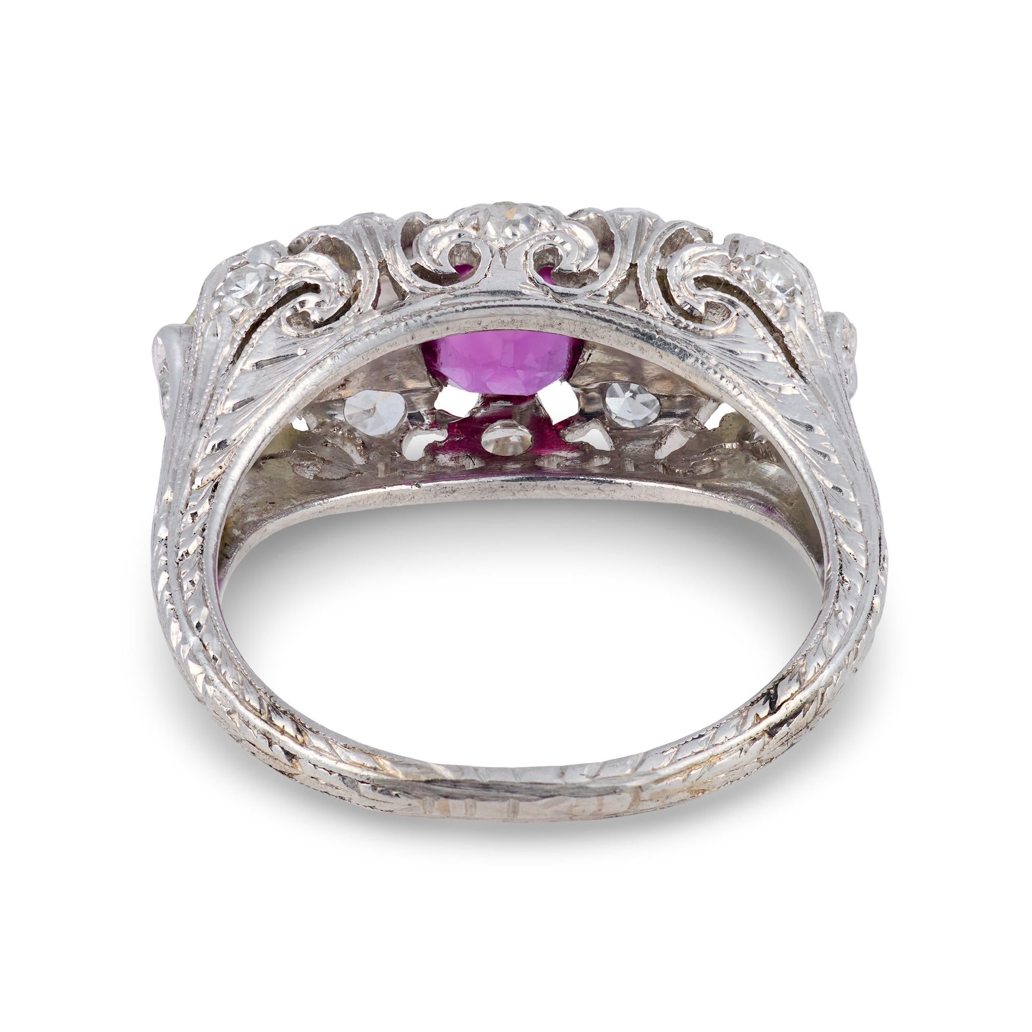 Art Deco ruby diamond platinum 3 stone filigree ring