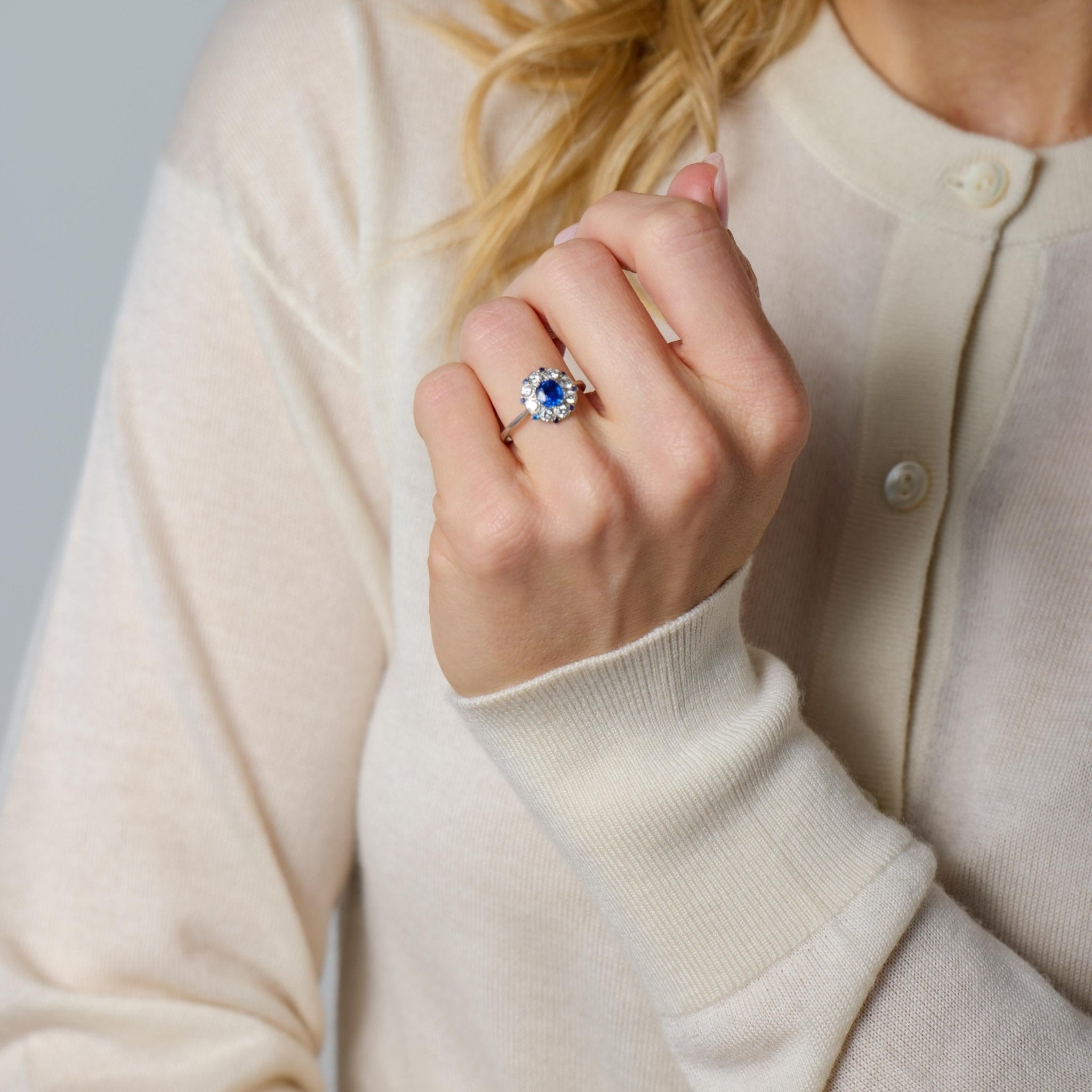 Mid Century sapphire diamond platinum cluster ring