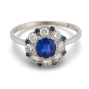 Mid Century sapphire diamond platinum cluster ring