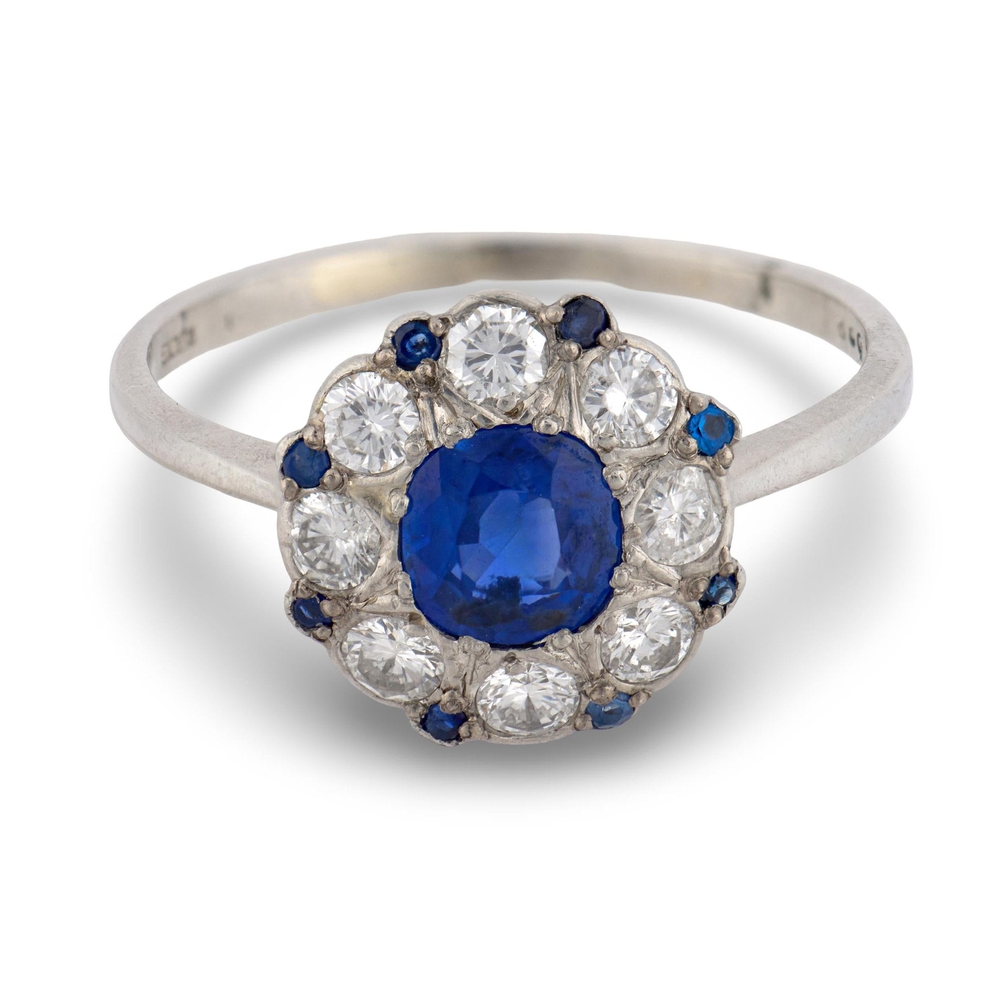 Mid Century sapphire diamond platinum cluster ring