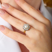 Antique diamond natural pearl 18k yellow gold silver cluster ring
