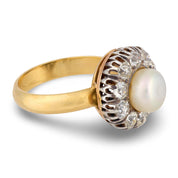 Antique diamond natural pearl 18k yellow gold silver cluster ring