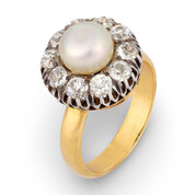 Antique diamond natural pearl 18k yellow gold silver cluster ring