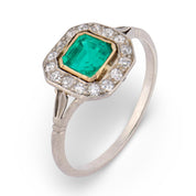 Art Deco emerald diamond platinum cluster ring