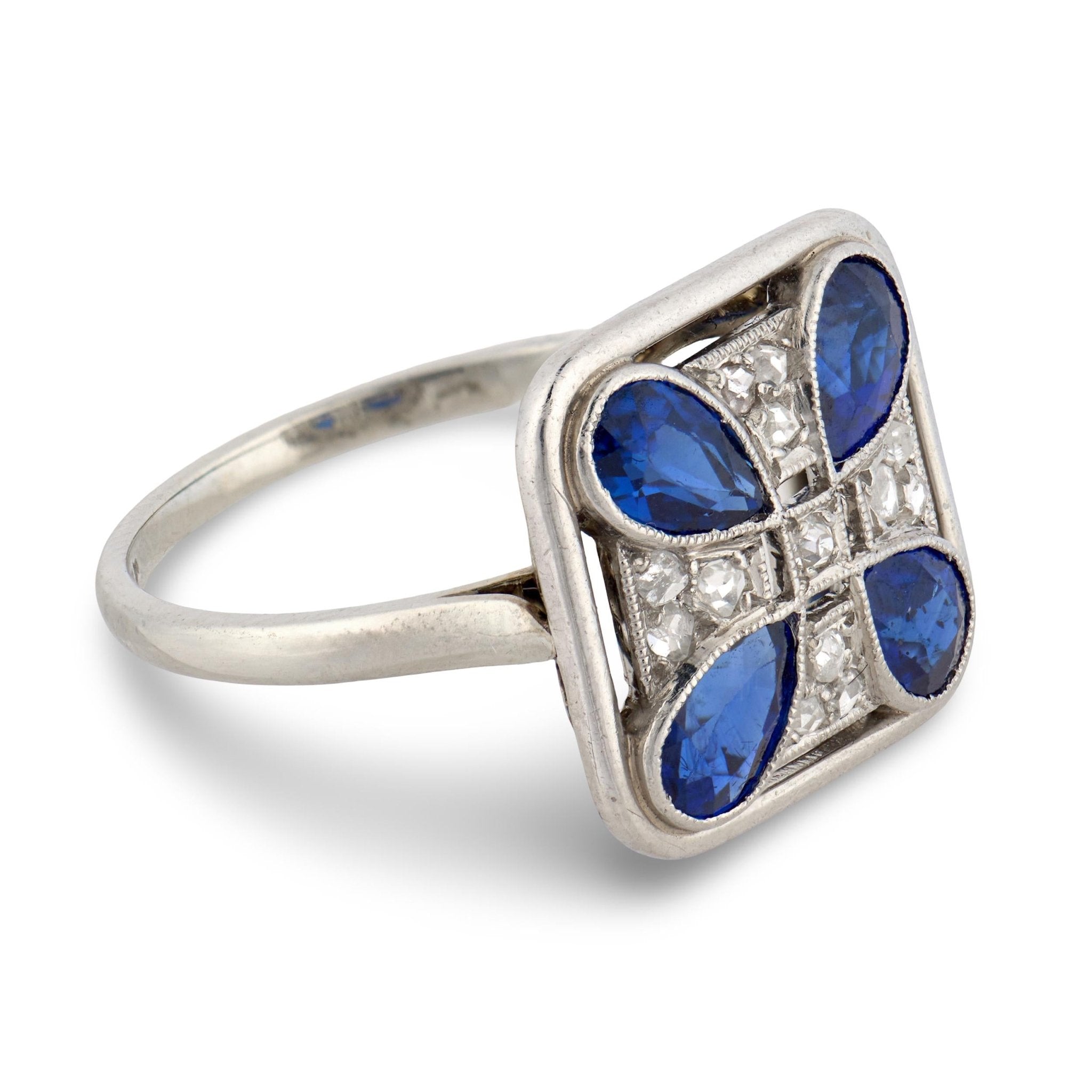 Art deco sapphire diamond 18k white gold ring