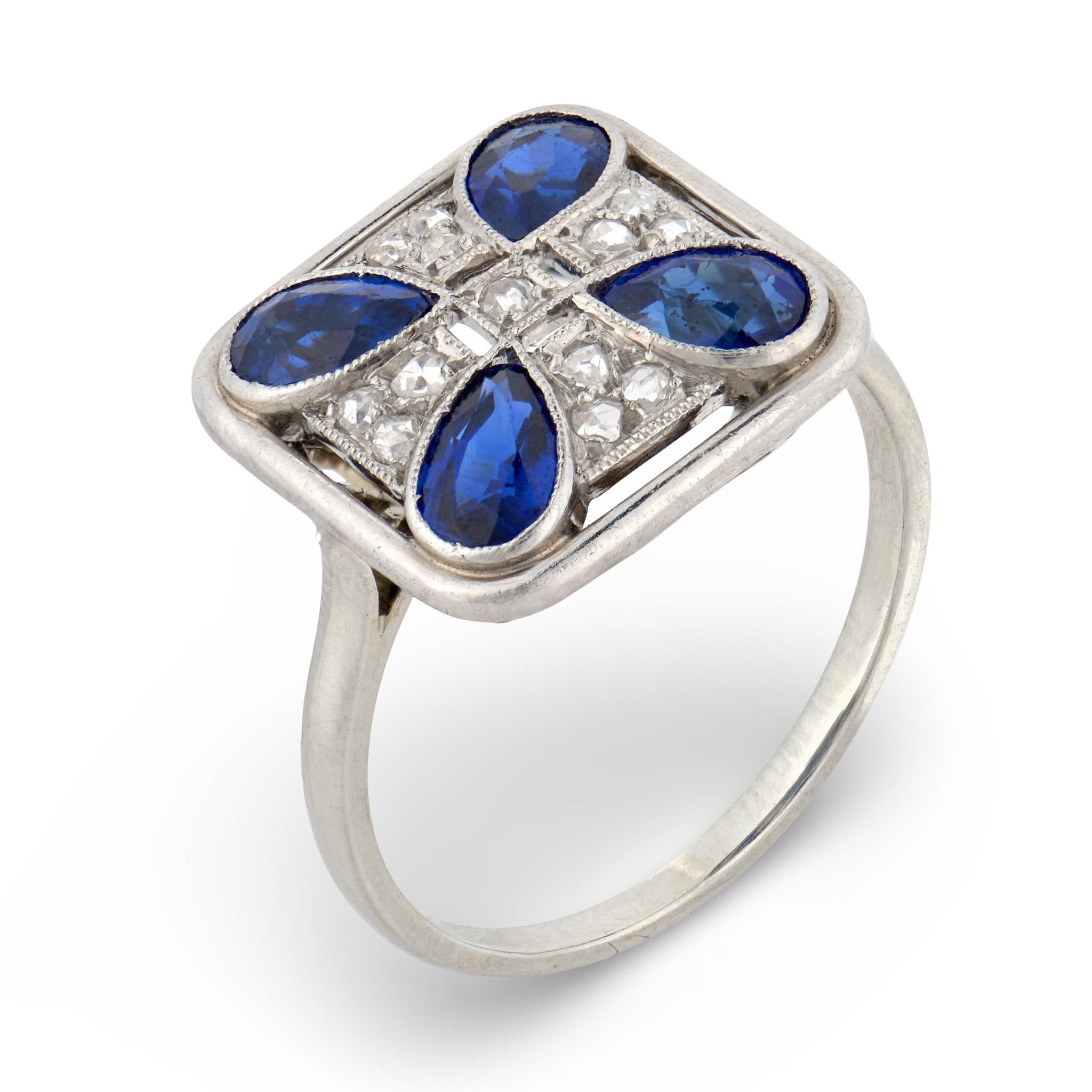 Art deco sapphire diamond 18k white gold ring