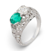 Art Deco emerald diamond platinum Toi Et Moi ring