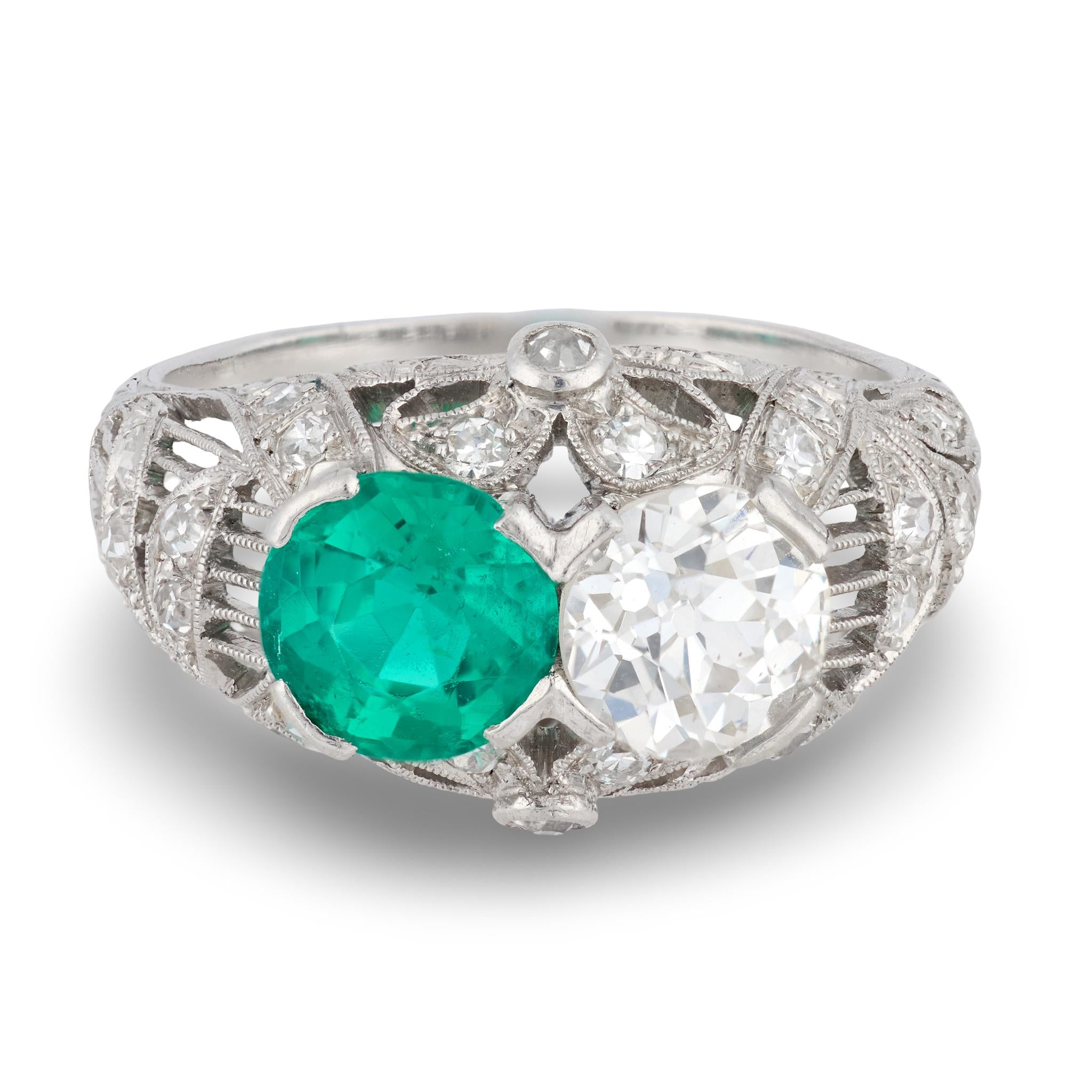 Art Deco emerald diamond platinum Toi Et Moi ring