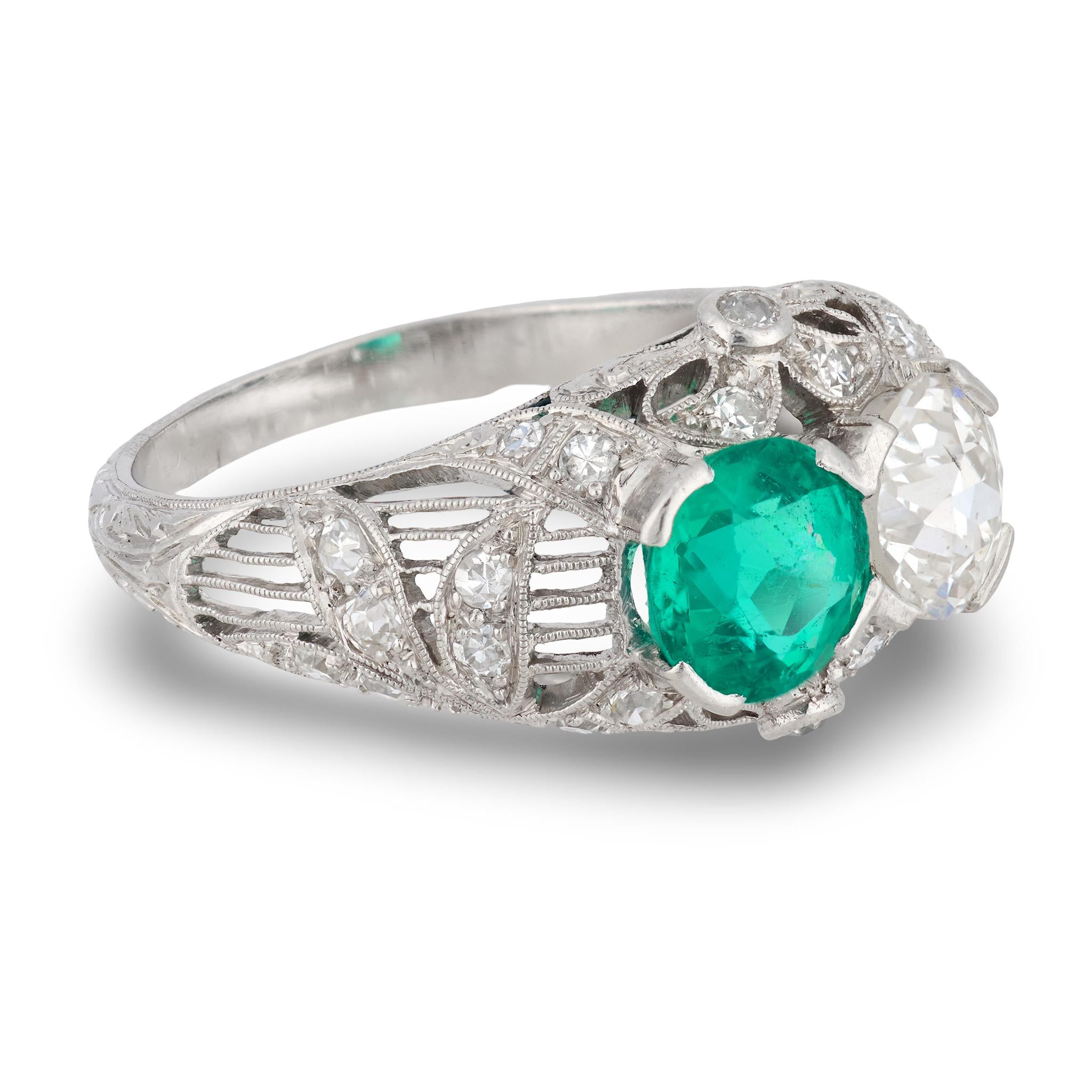 Art Deco emerald diamond platinum Toi Et Moi ring