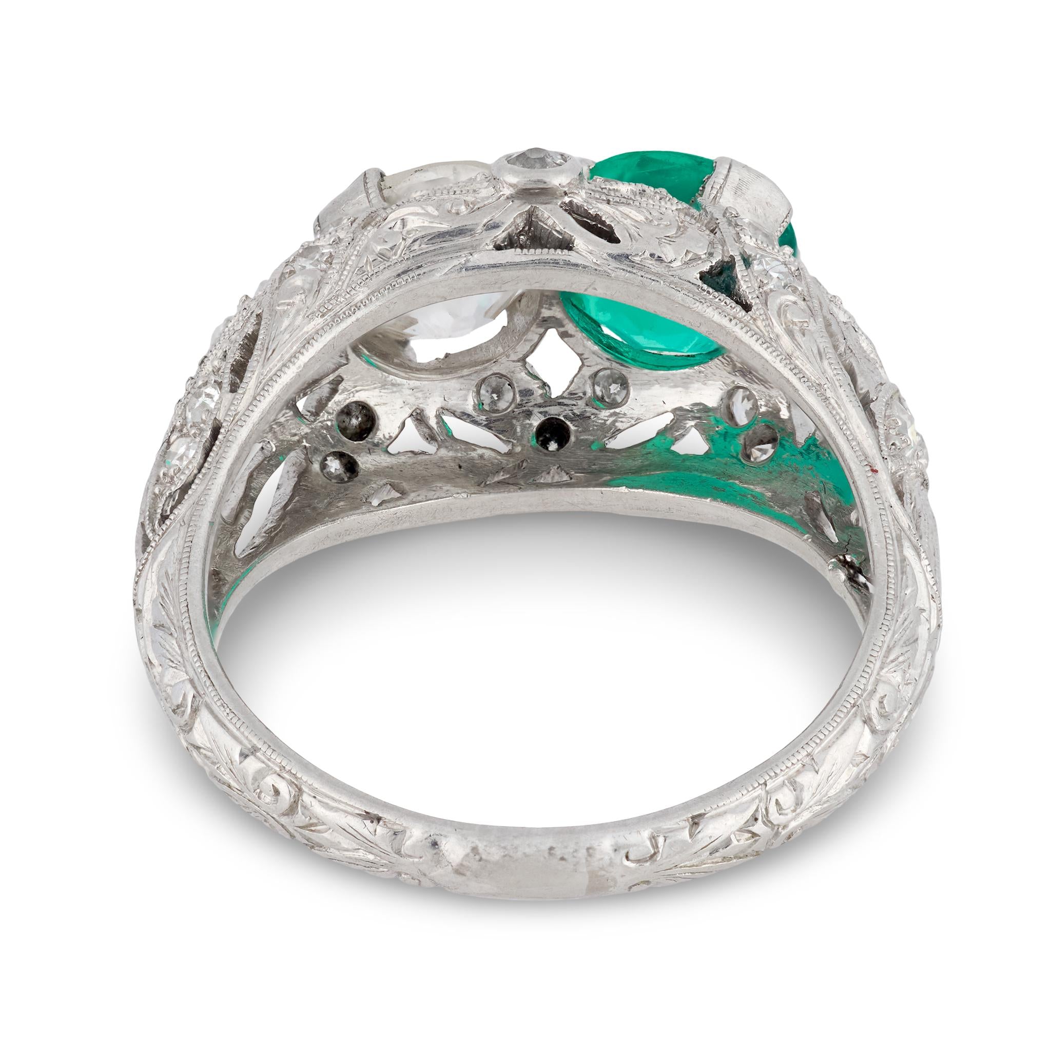 Art Deco emerald diamond platinum Toi Et Moi ring