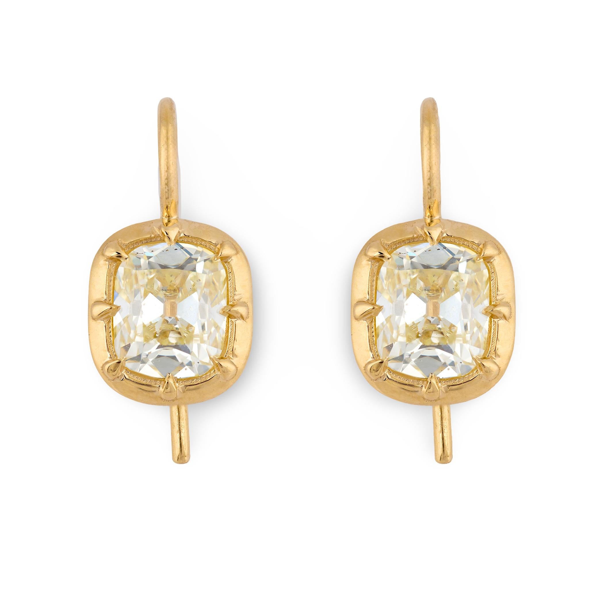 GIA 2.28 carat old mine cut diamond 18k yellow gold bezel earrings