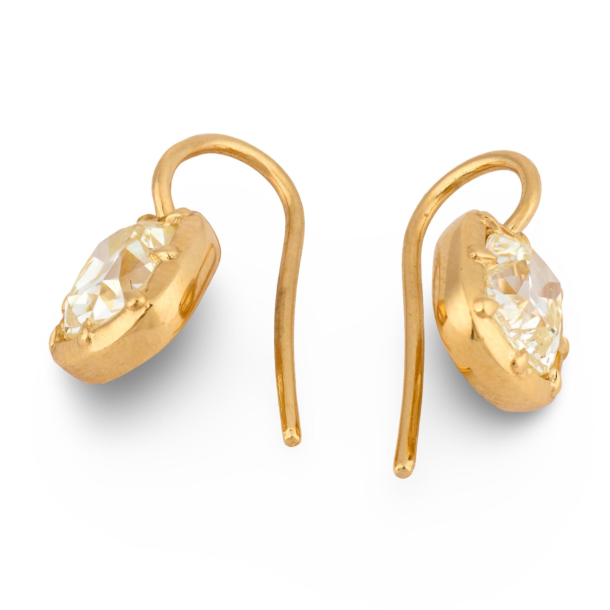 GIA 2.28 carat old mine cut diamond 18k yellow gold bezel earrings