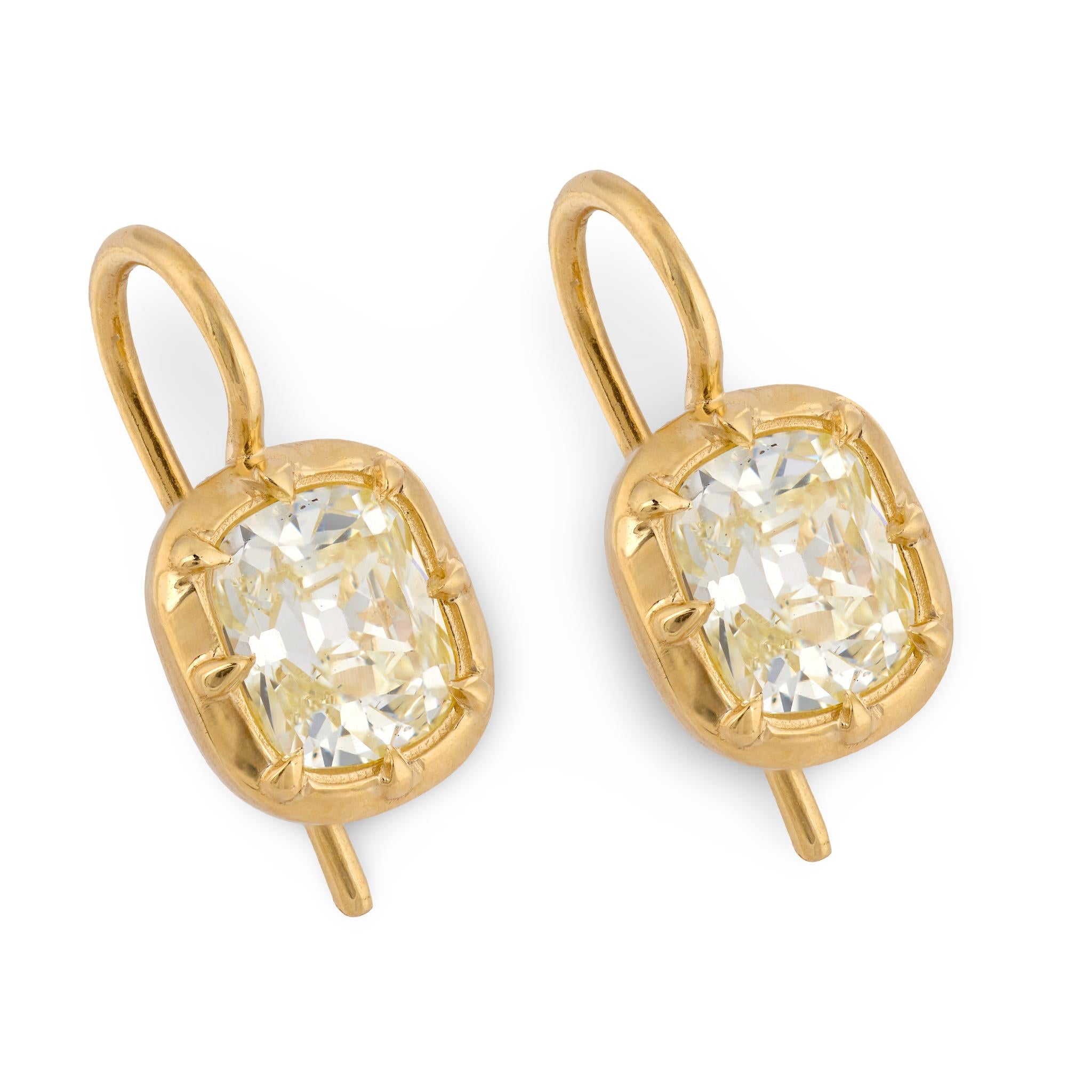 GIA 2.28 carat old mine cut diamond 18k yellow gold bezel earrings