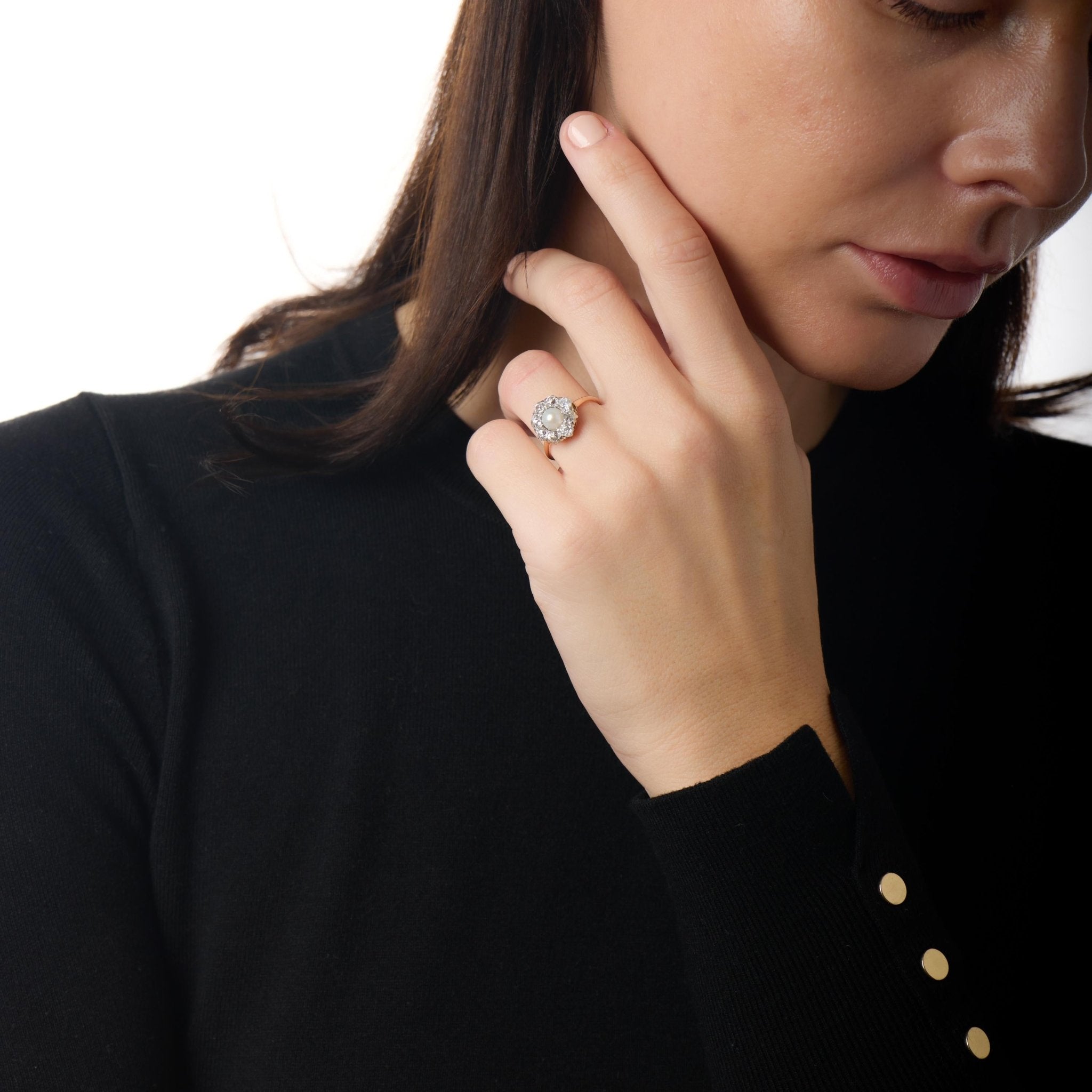 Edwardian pearl diamond 14k yellow gold cluster ring