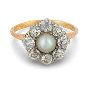 Edwardian pearl diamond 14k yellow gold cluster ring