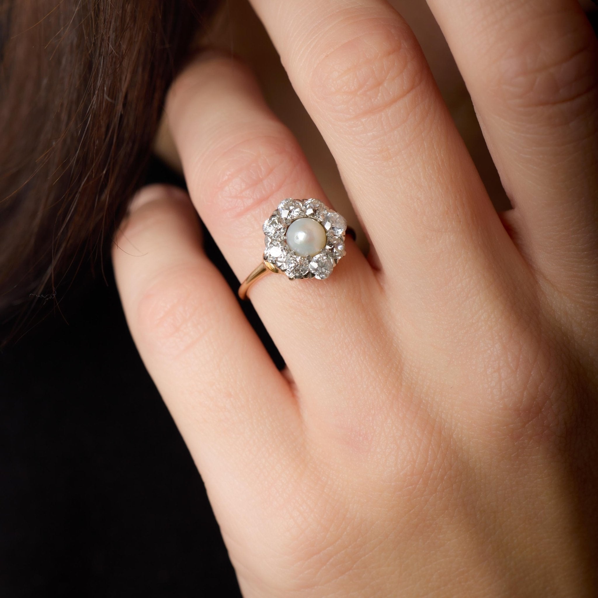 Edwardian pearl diamond 14k yellow gold cluster ring