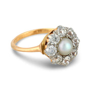 Edwardian pearl diamond 14k yellow gold cluster ring