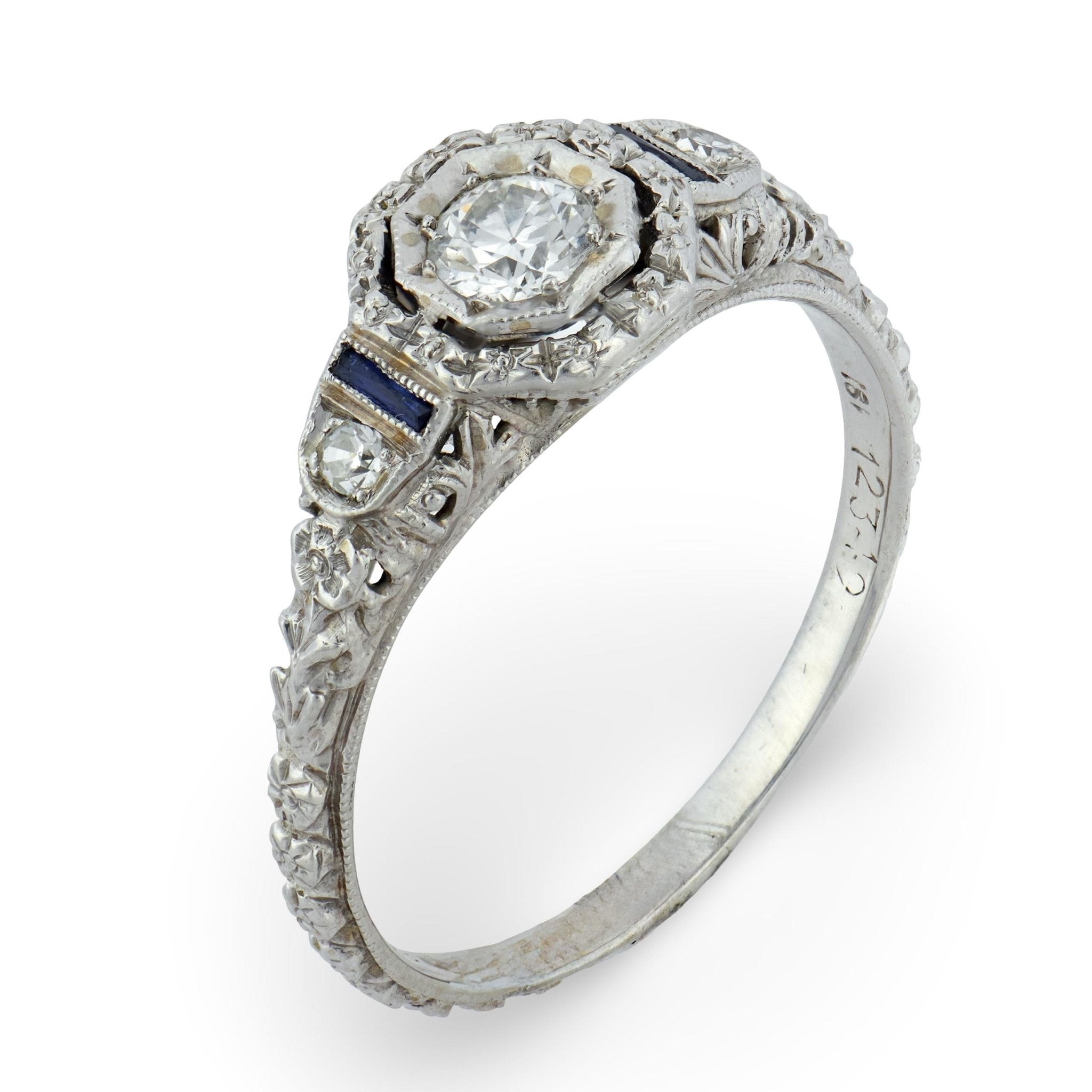 Art Deco diamond sapphire 18k white gold engagement ring