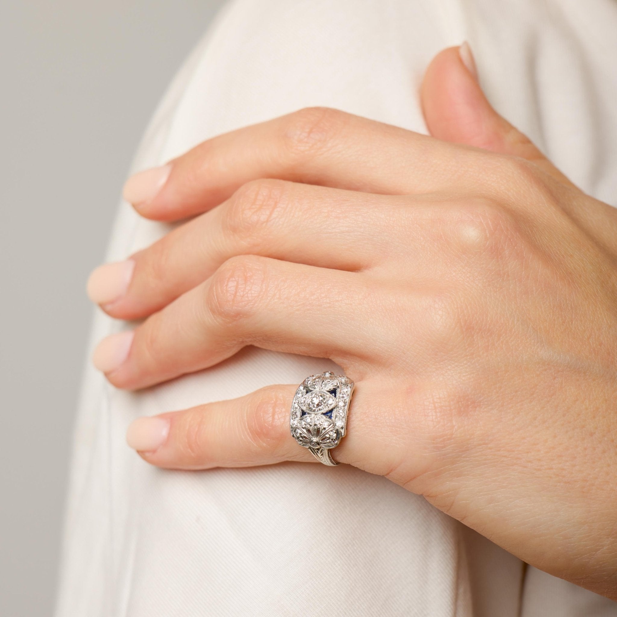 Art Deco diamond sapphire platinum dinner ring