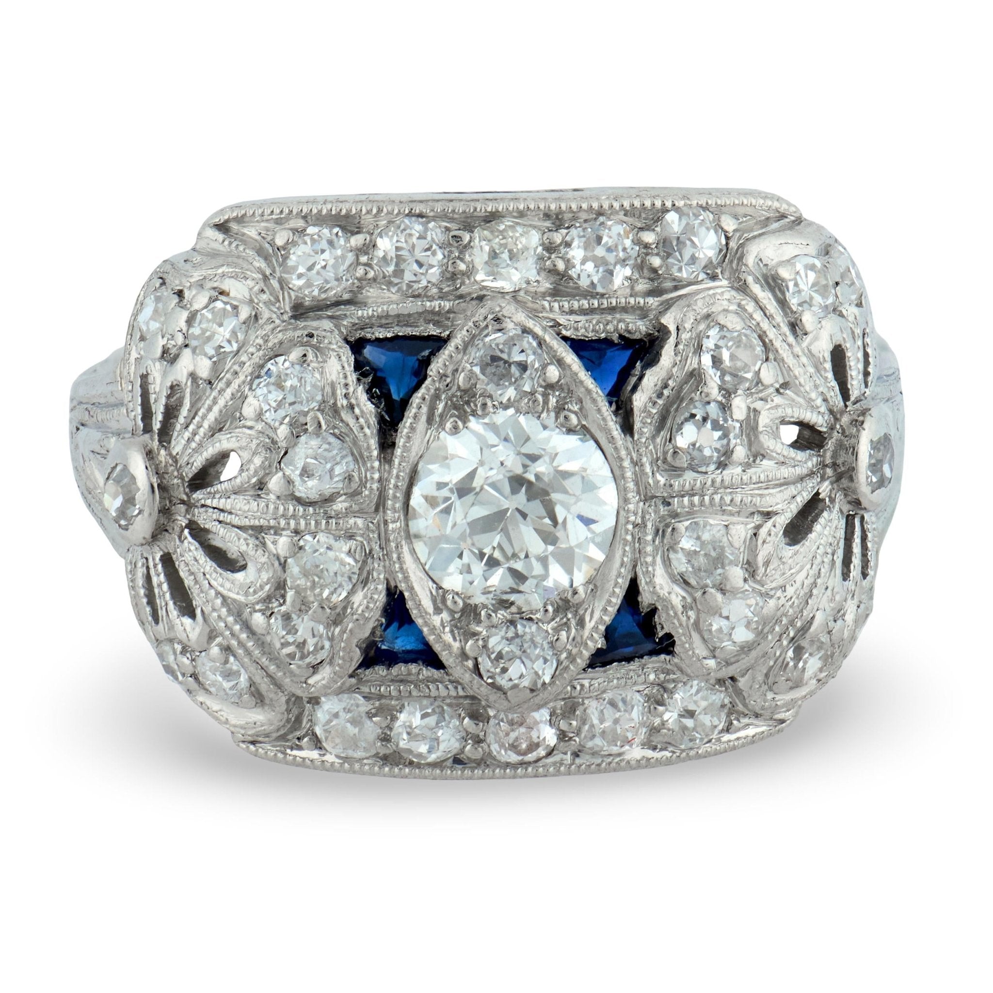 Art Deco diamond sapphire platinum dinner ring