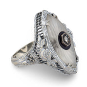 Art Deco diamond rock crystal marquise 14k white gold ring