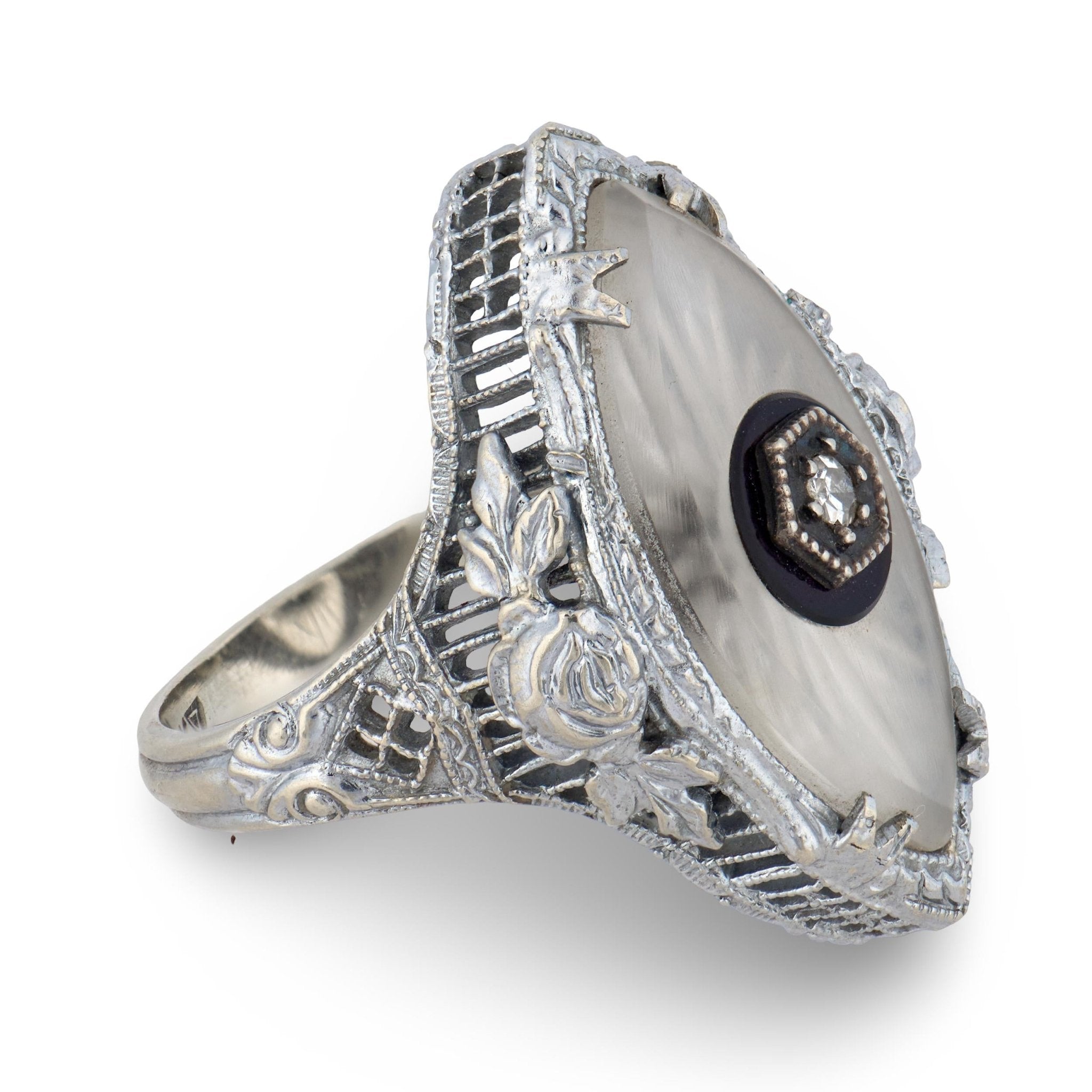 Art Deco diamond rock crystal marquise 14k white gold ring