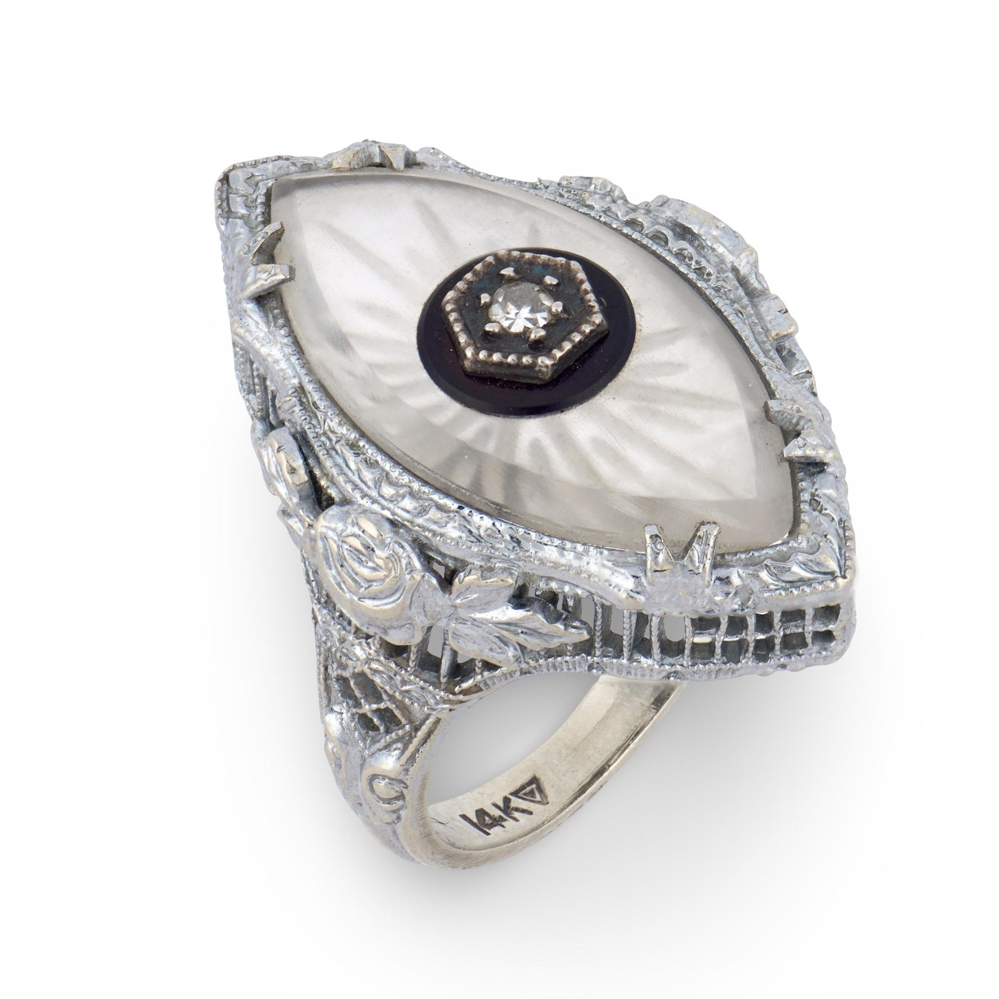 Art Deco diamond rock crystal marquise 14k white gold ring