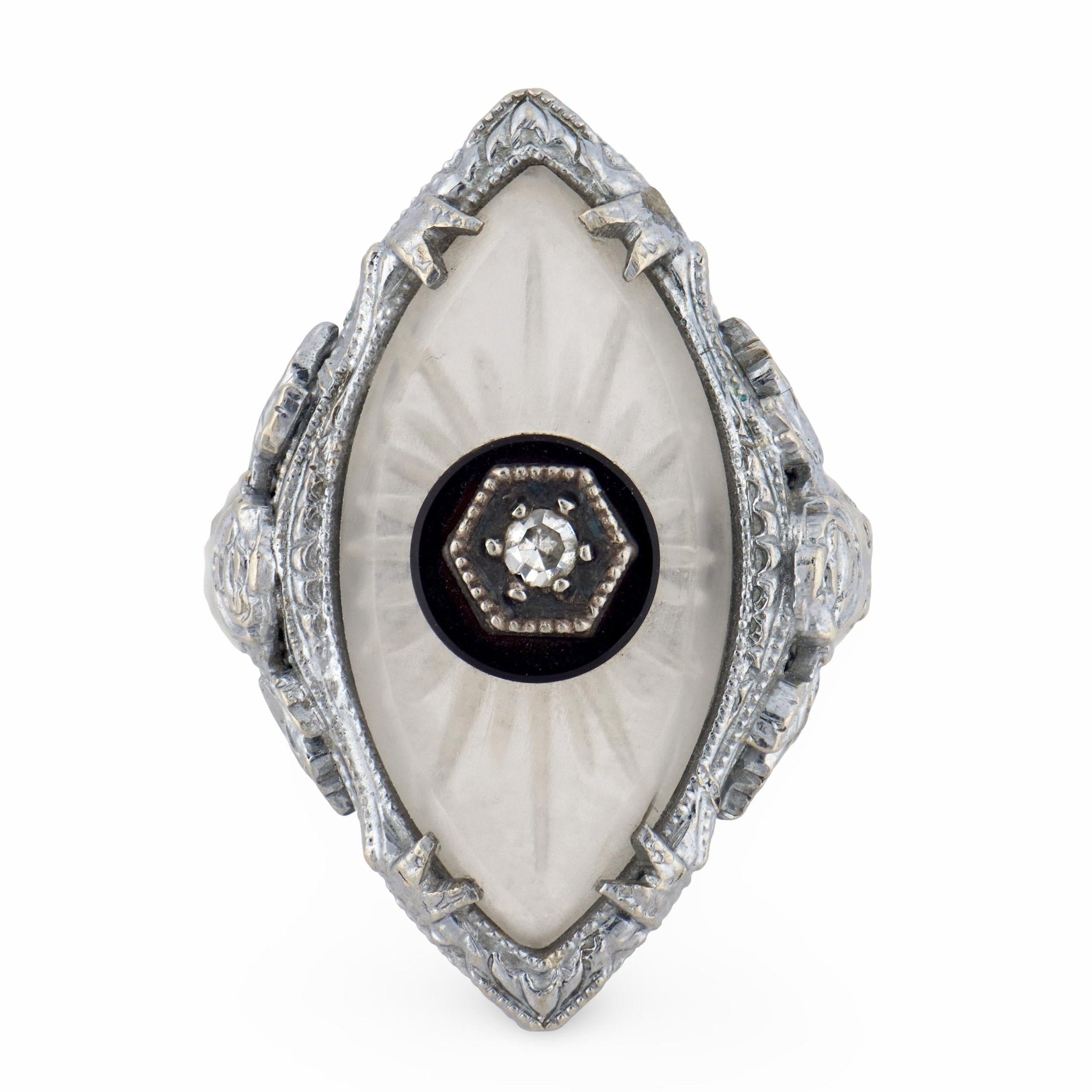 Art Deco diamond rock crystal marquise 14k white gold ring