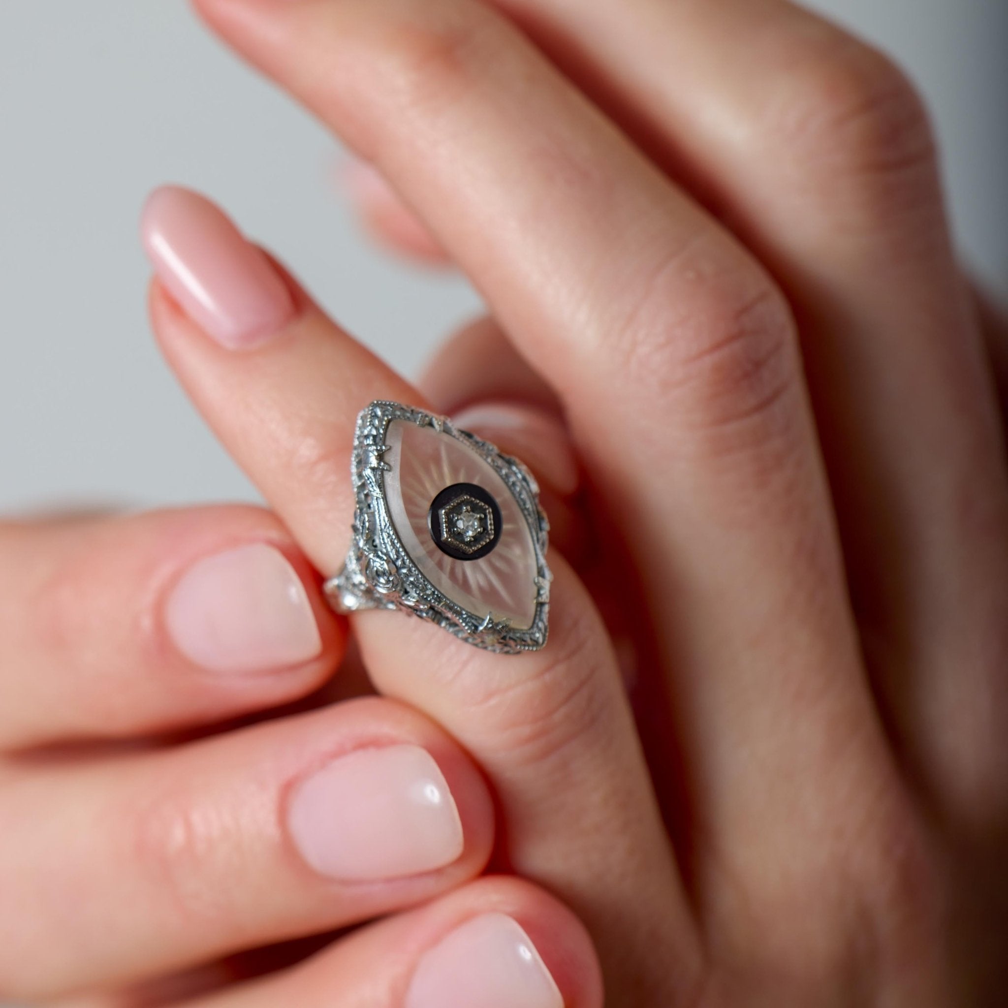 Art Deco diamond rock crystal marquise 14k white gold ring