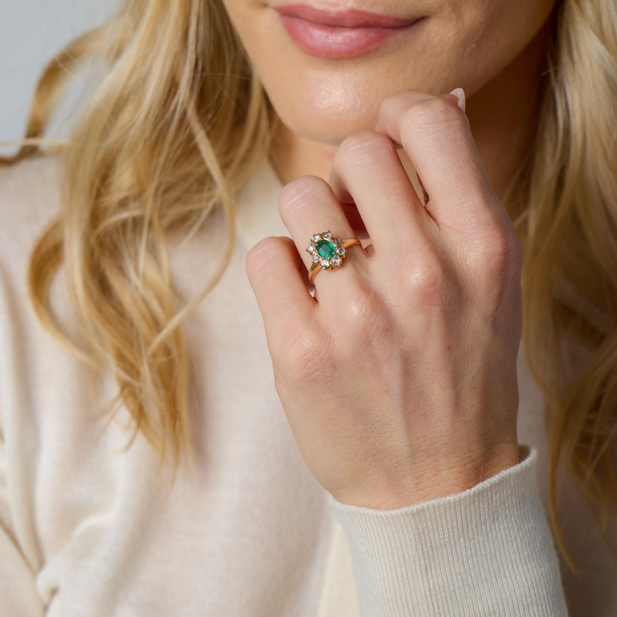 Victorian emerald diamond 14k rose good cluster ring
