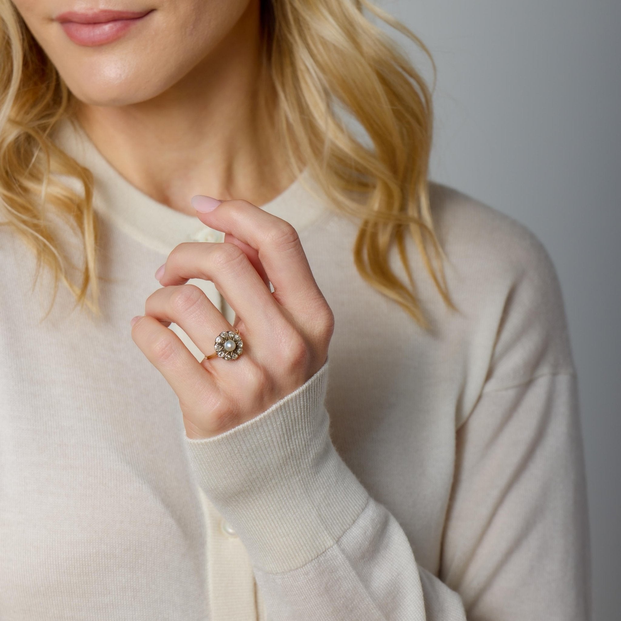Victorian pearl diamond 14k yellow gold cluster ring