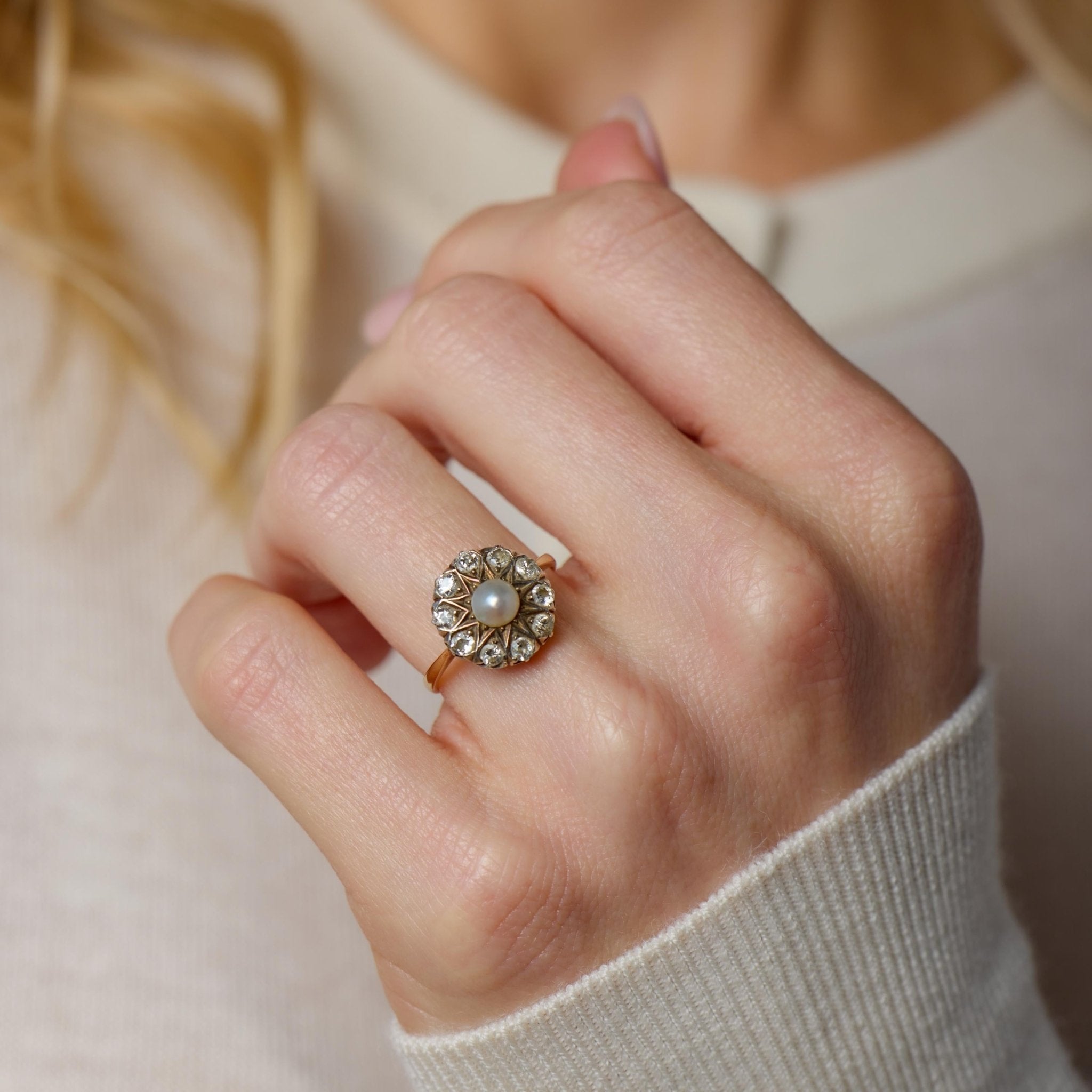 Victorian pearl diamond 14k yellow gold cluster ring