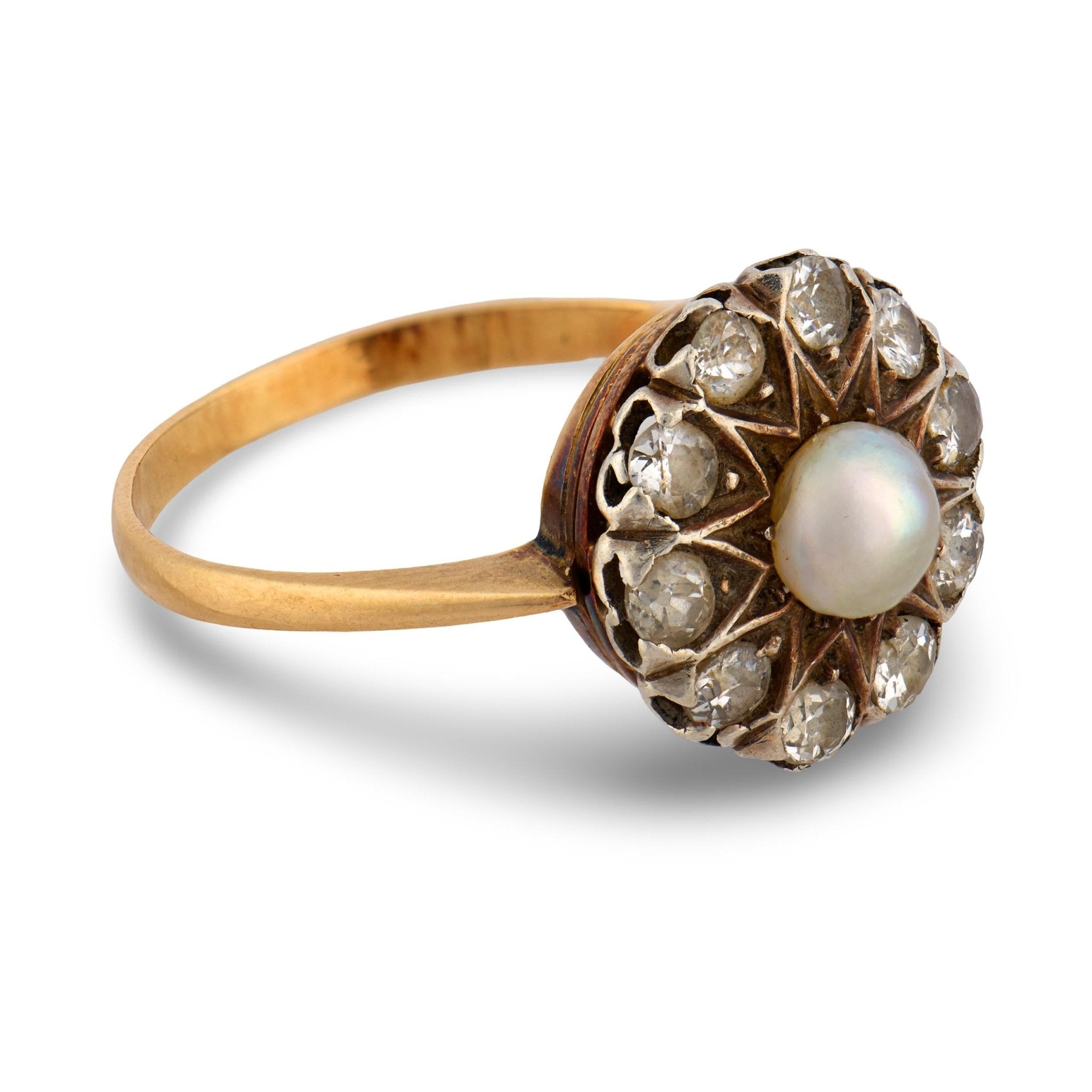 Victorian pearl diamond 14k yellow gold cluster ring