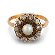 Victorian pearl diamond 14k yellow gold cluster ring
