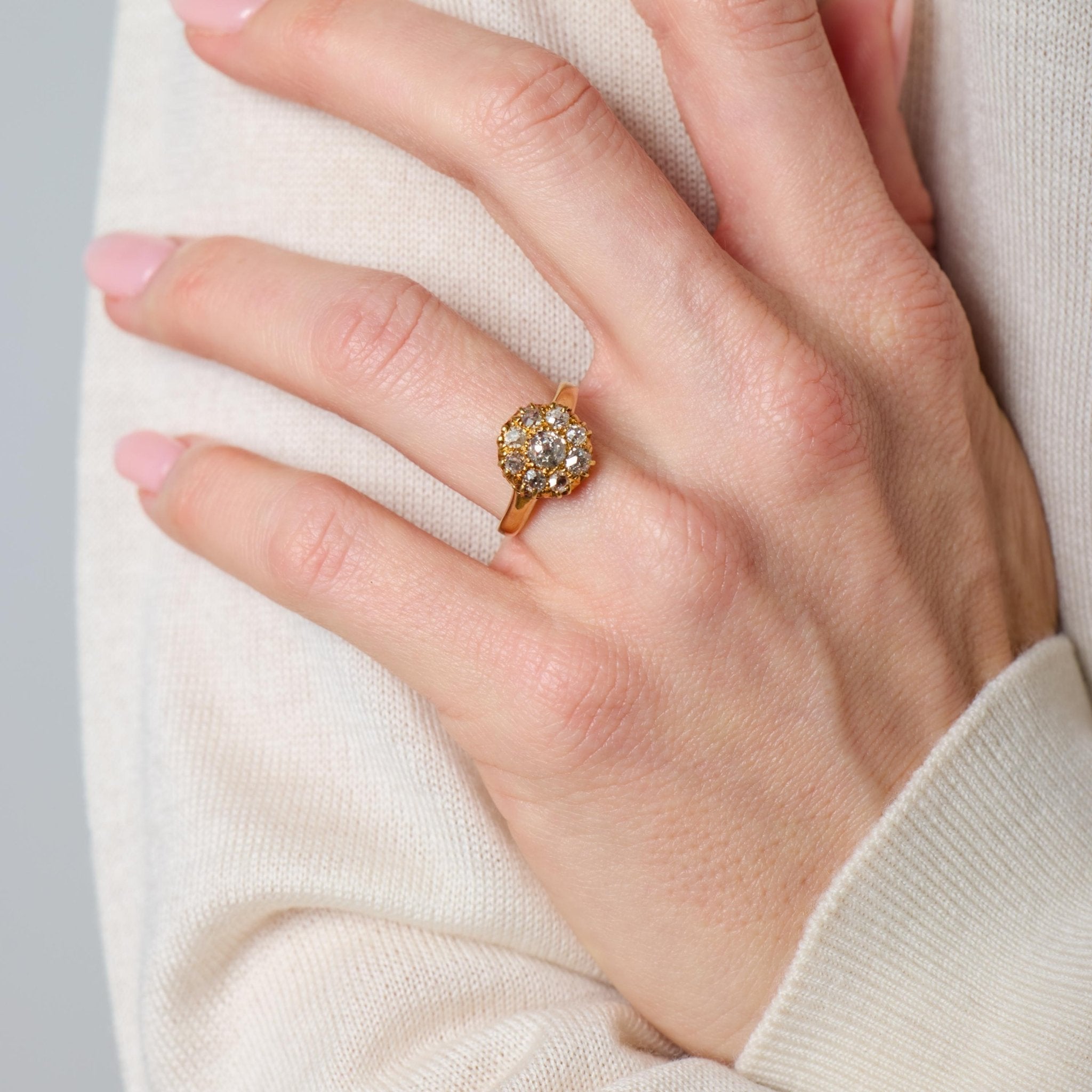 Victorian old mine cut diamond 18k gold cluster ring