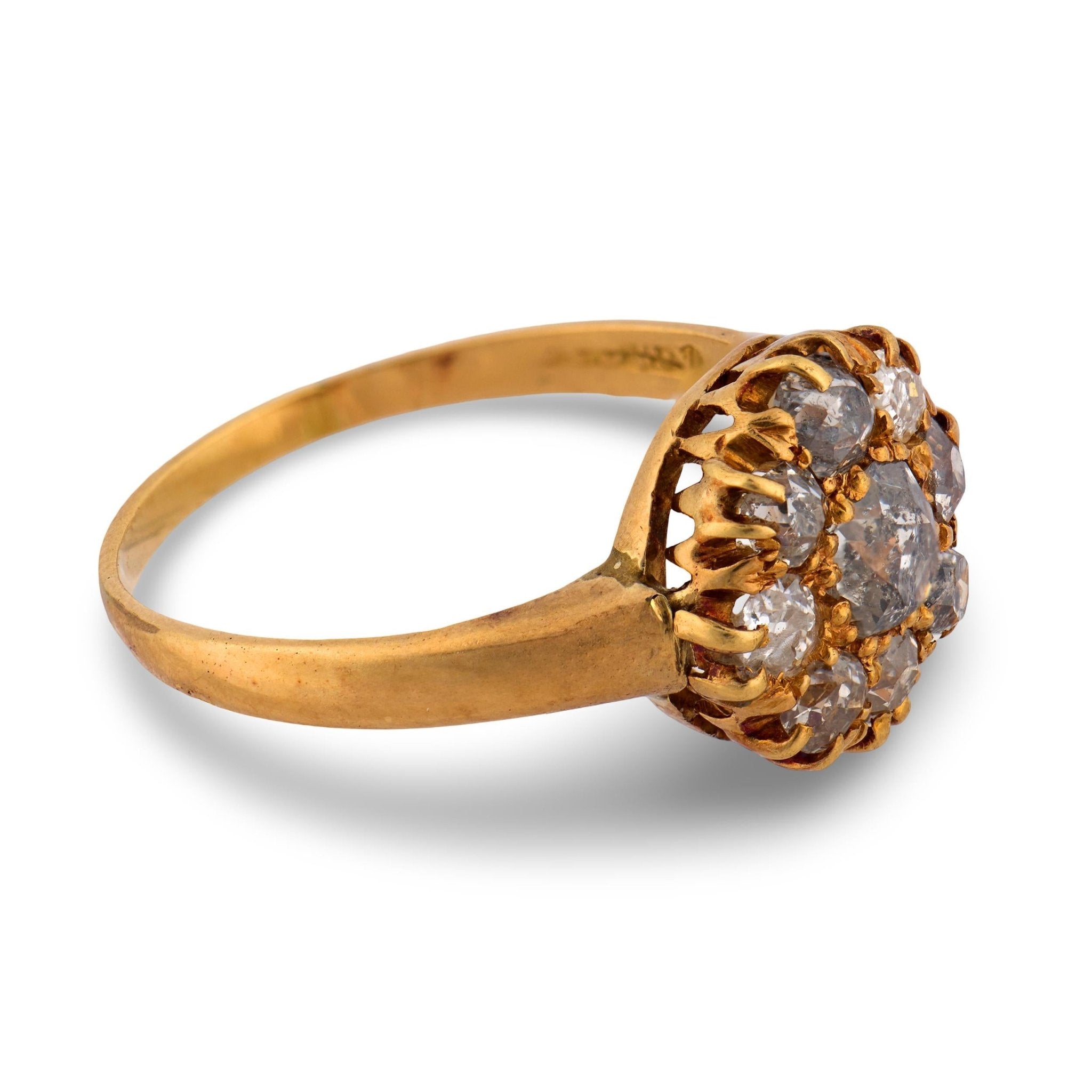 Victorian old mine cut diamond 18k gold cluster ring